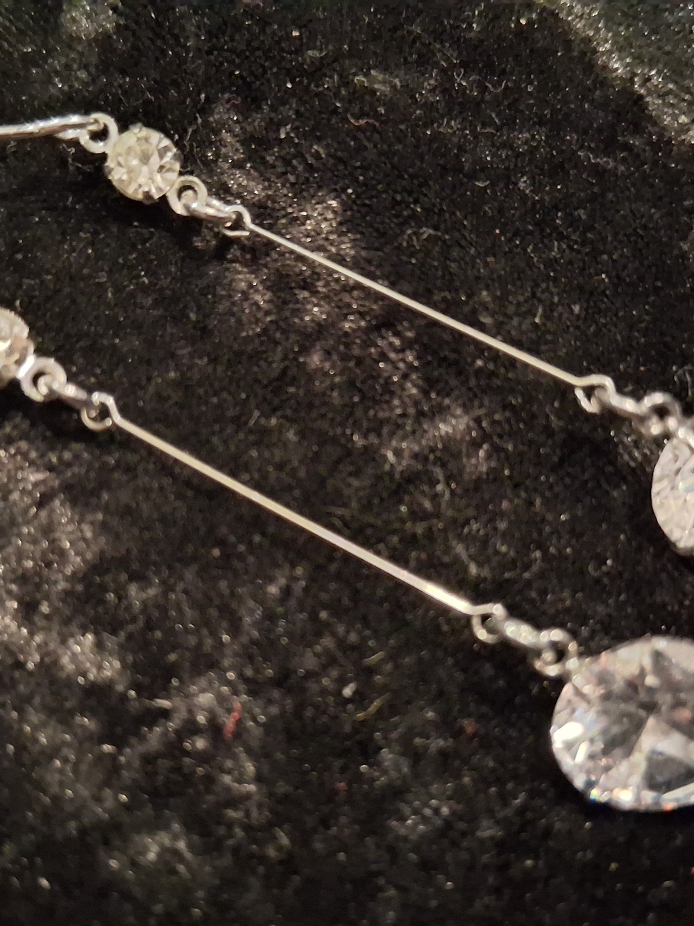 Cubic Zirconia Stick Drop Stones. Long Drop Earrings - Silver Tone